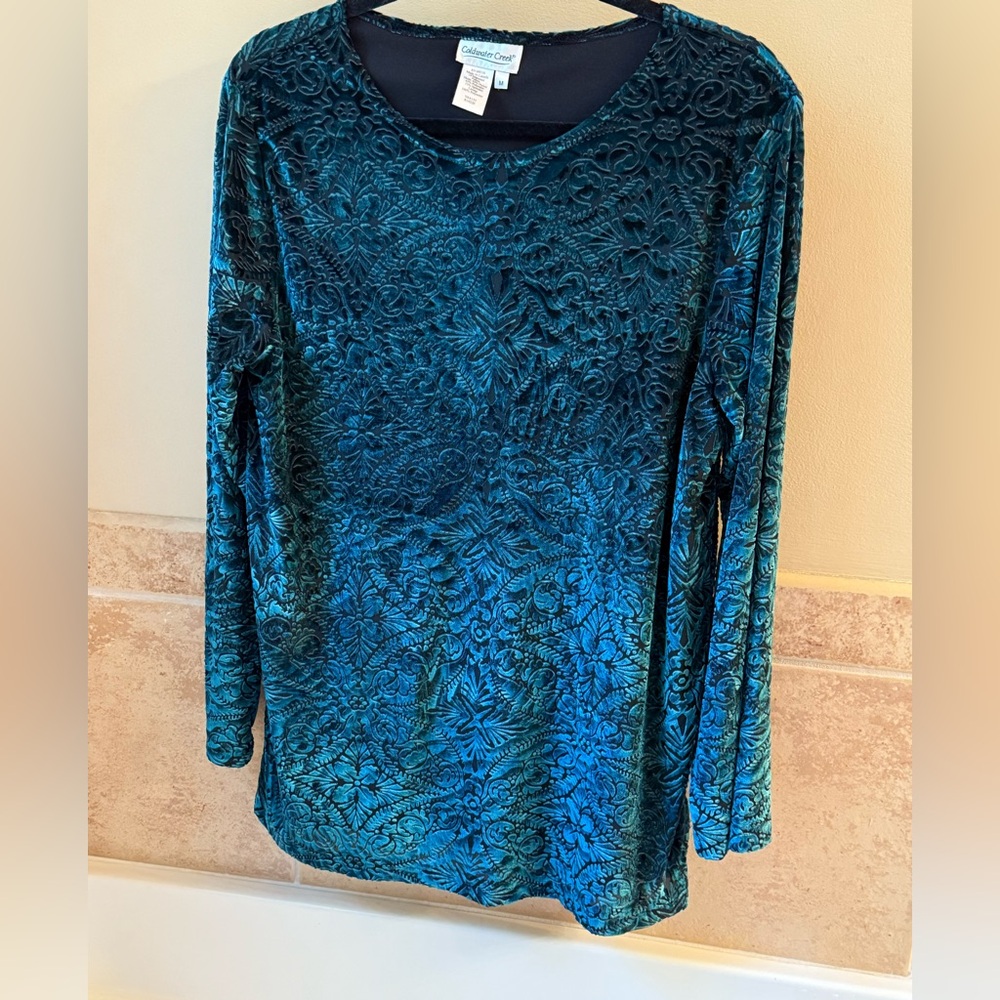Coldwater Creek Teal Burnout Velvet Tunic Top Long Sleeve Boho M